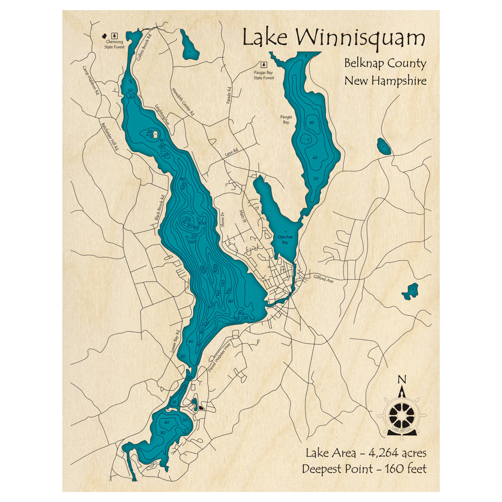 Bathymetric topo map of Lake Winnisquam, NH with roads, towns and depths noted in blue water.