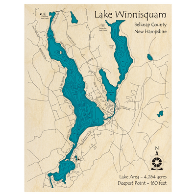 Bathymetric topo map of Lake Winnisquam, NH with roads, towns and depths noted in blue water.