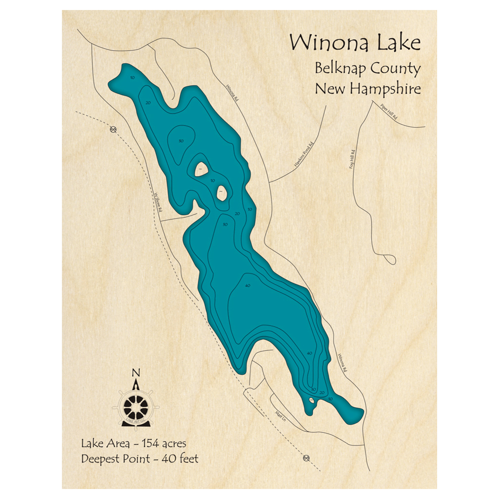 Bathymetric topo map of Winona Lake, NH with roads, towns and depths noted in blue water.