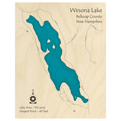 Bathymetric topo map of Winona Lake, NH with roads, towns and depths noted in blue water.