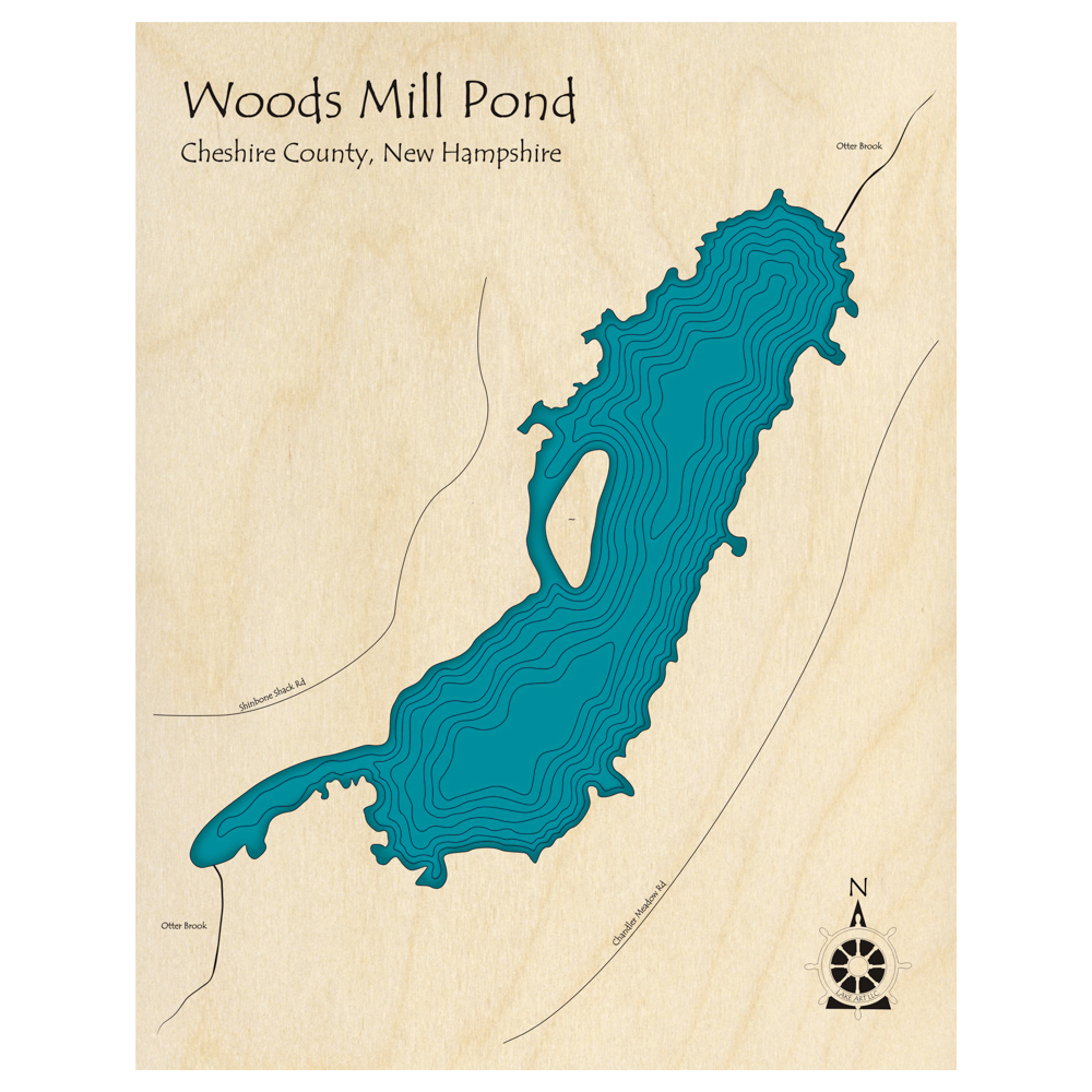 Bathymetric topo map of Woods Mill Pond, NH with roads, towns and depths noted in blue water.