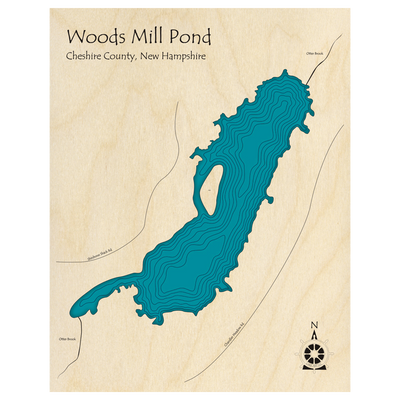 Bathymetric topo map of Woods Mill Pond, NH with roads, towns and depths noted in blue water.