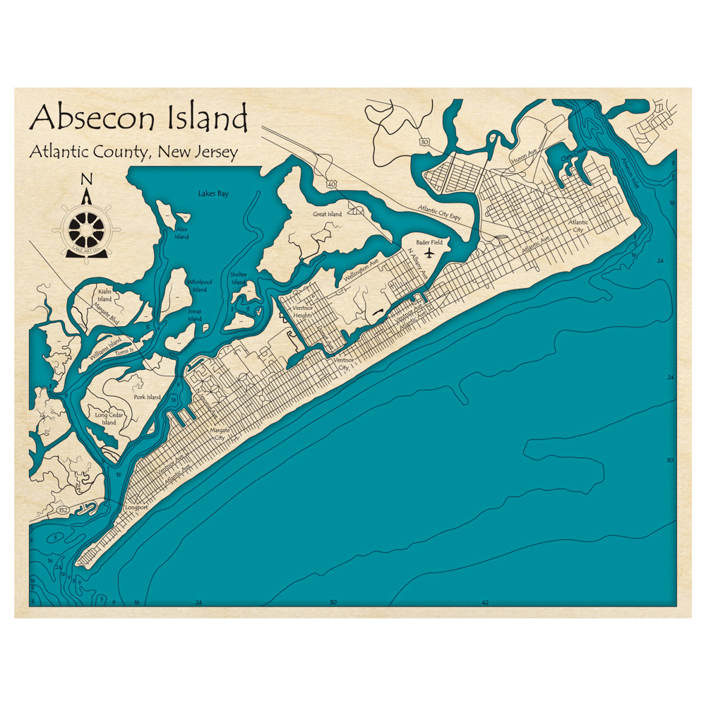 Bathymetric topo map of Absecon Island, NJ with roads, towns and depths noted in blue water.
