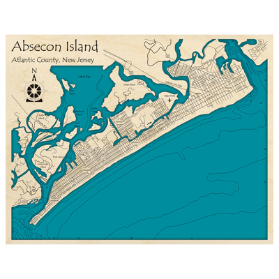 Bathymetric topo map of Absecon Island, NJ with roads, towns and depths noted in blue water.