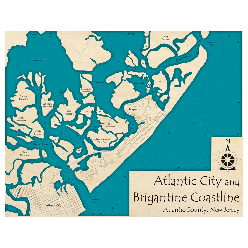 Bathymetric topo map of Atlantic City - Brigantine Coastline, NJ with roads, towns and depths noted in blue water.