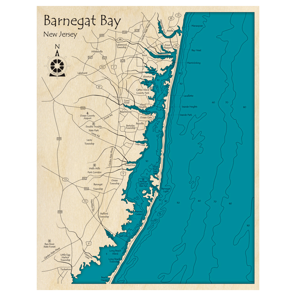 Bathymetric topo map of Barnegat Bay, NJ with roads, towns and depths noted in blue water.