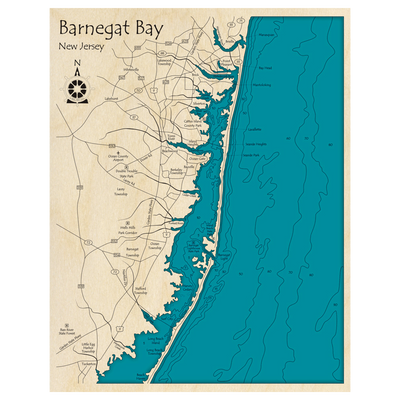 Bathymetric topo map of Barnegat Bay, NJ with roads, towns and depths noted in blue water.