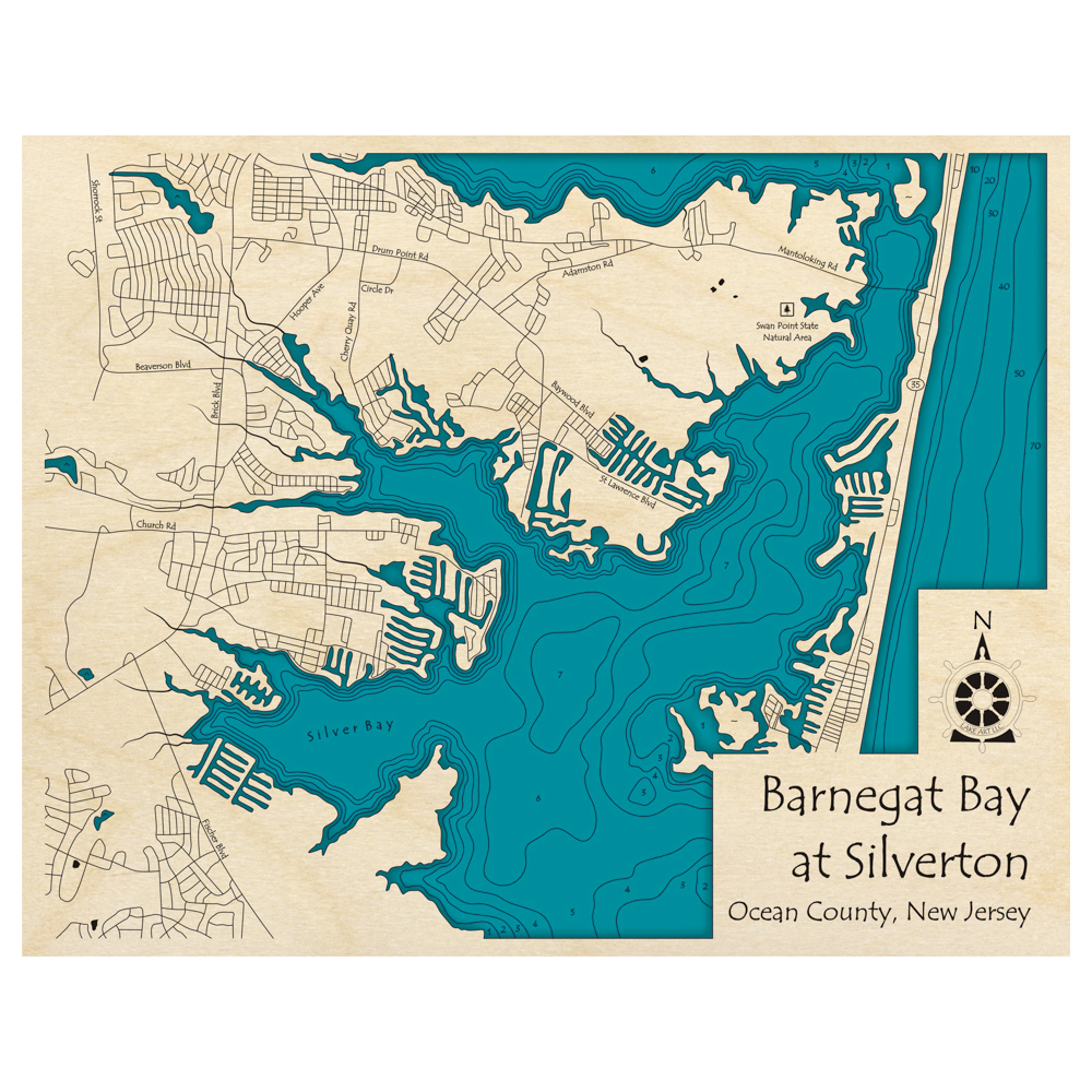 Bathymetric topo map of Barnegat Bay, NJ with roads, towns and depths noted in blue water.