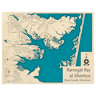 Bathymetric topo map of Barnegat Bay, NJ with roads, towns and depths noted in blue water.