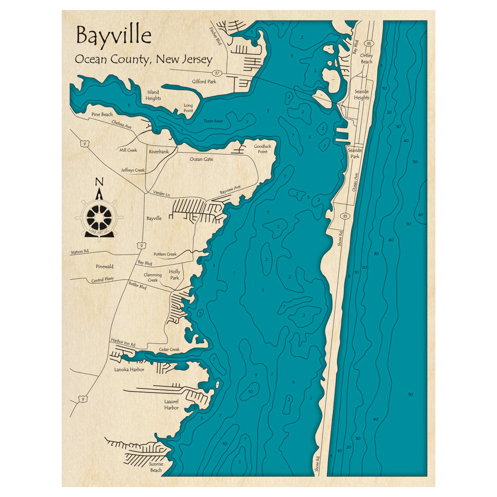Bathymetric topo map of Bayville Region, NJ with roads, towns and depths noted in blue water.