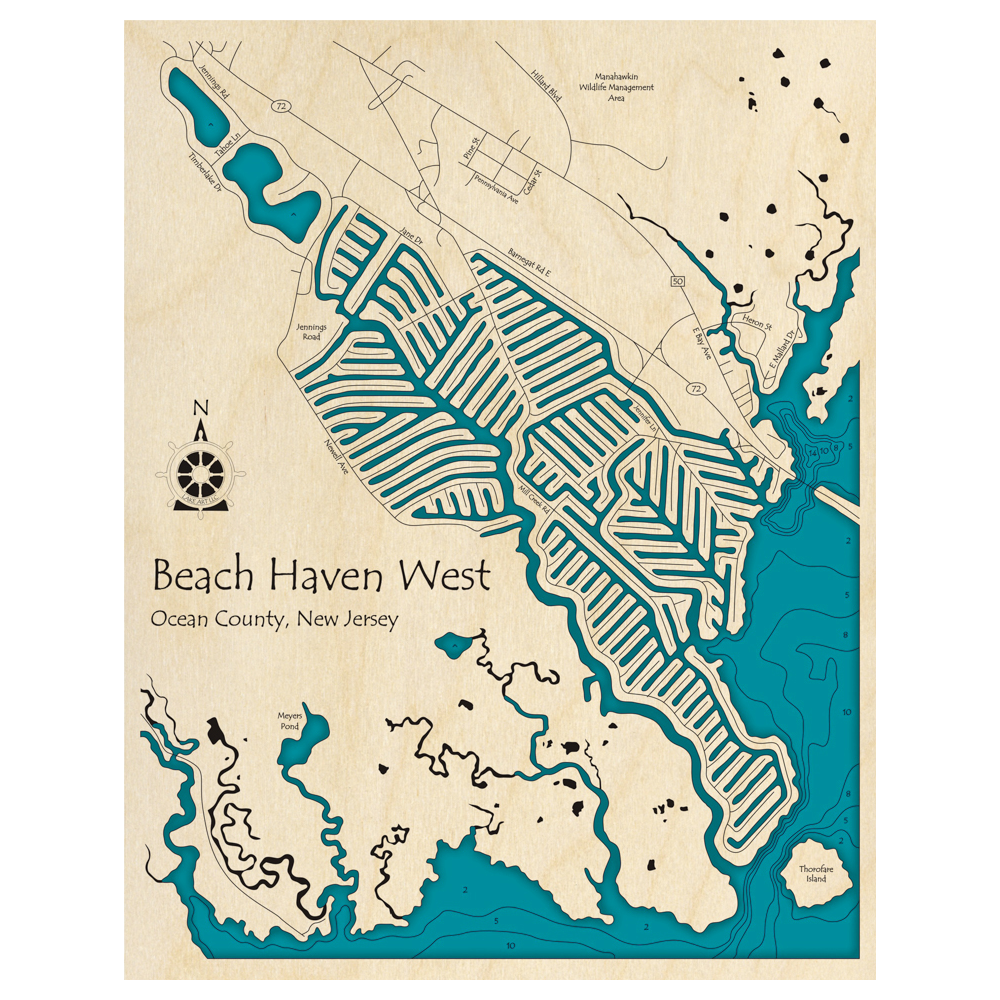Bathymetric topo map of Beach Haven West, NJ with roads, towns and depths noted in blue water.