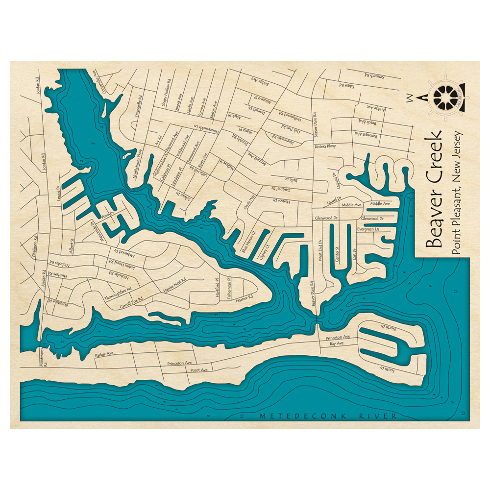 Bathymetric topo map of Beaver Dam Creek, NJ with roads, towns and depths noted in blue water.