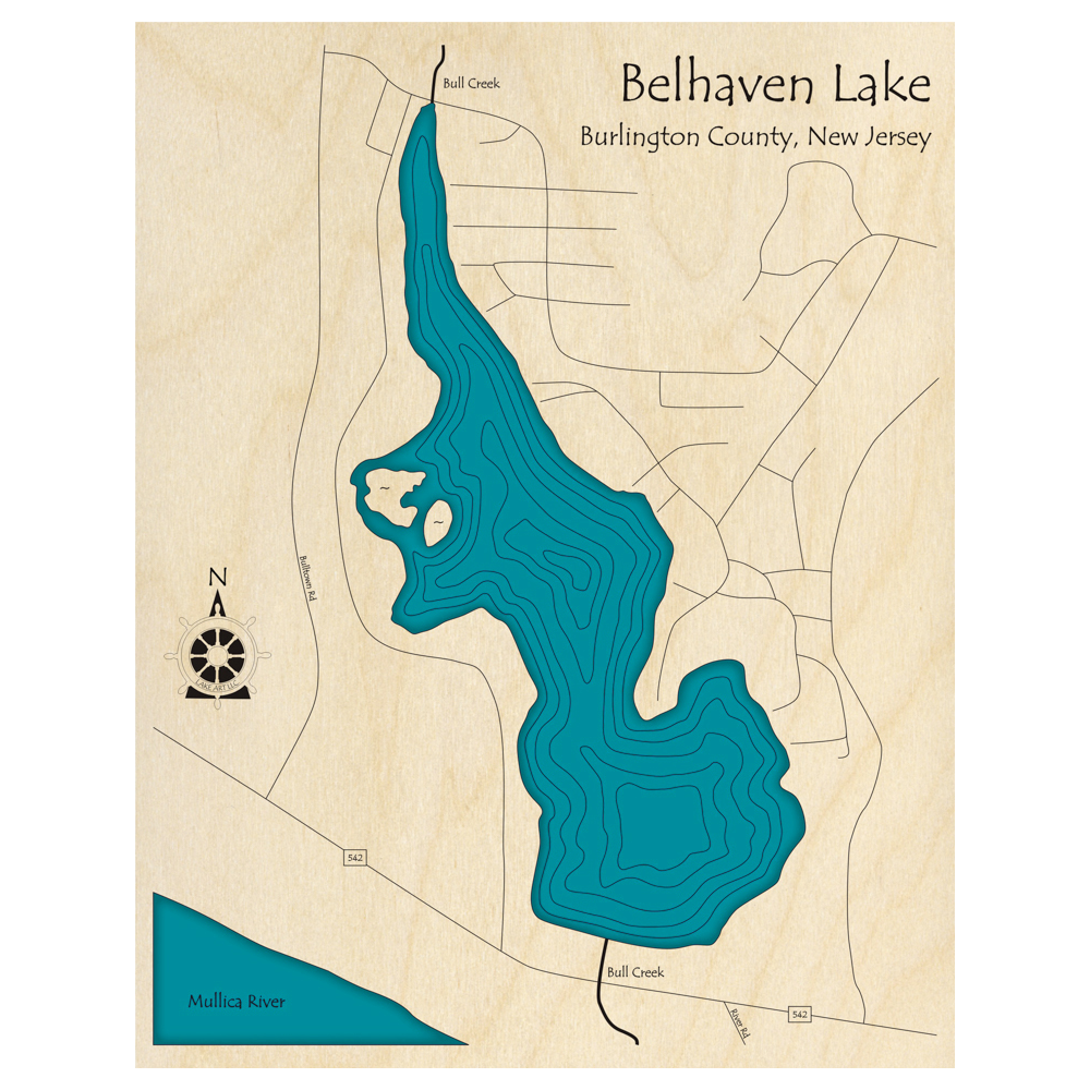 Bathymetric topo map of Belhaven Lake, NJ with roads, towns and depths noted in blue water.