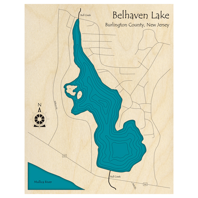 Bathymetric topo map of Belhaven Lake, NJ with roads, towns and depths noted in blue water.