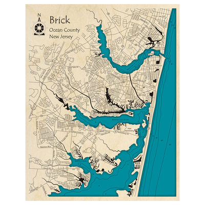 Bathymetric topo map of Brick Township Region, NJ with roads, towns and depths noted in blue water.