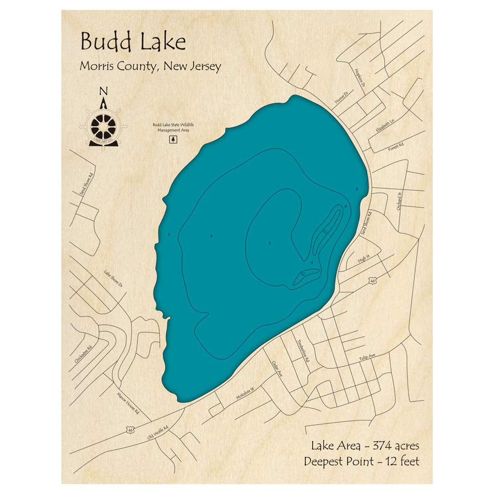 Bathymetric topo map of Budd Lake, NJ with roads, towns and depths noted in blue water.