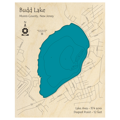 Bathymetric topo map of Budd Lake, NJ with roads, towns and depths noted in blue water.