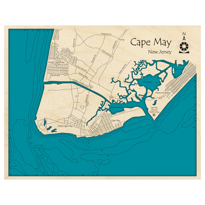 Bathymetric topo map of Cape May, NJ with roads, towns and depths noted in blue water.