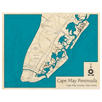 Bathymetric topo map of Cape May Peninsula, NJ with roads, towns and depths noted in blue water.
