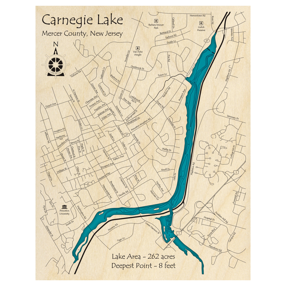 Bathymetric topo map of Carnegie Lake, NJ with roads, towns and depths noted in blue water.