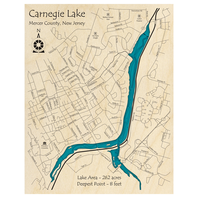 Bathymetric topo map of Carnegie Lake, NJ with roads, towns and depths noted in blue water.