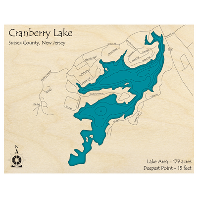 Bathymetric topo map of Cranberry Lake, NJ with roads, towns and depths noted in blue water.