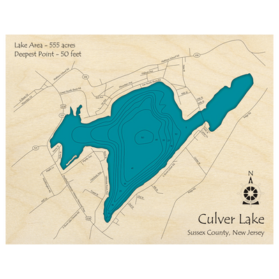 Bathymetric topo map of Culver Lake, NJ with roads, towns and depths noted in blue water.