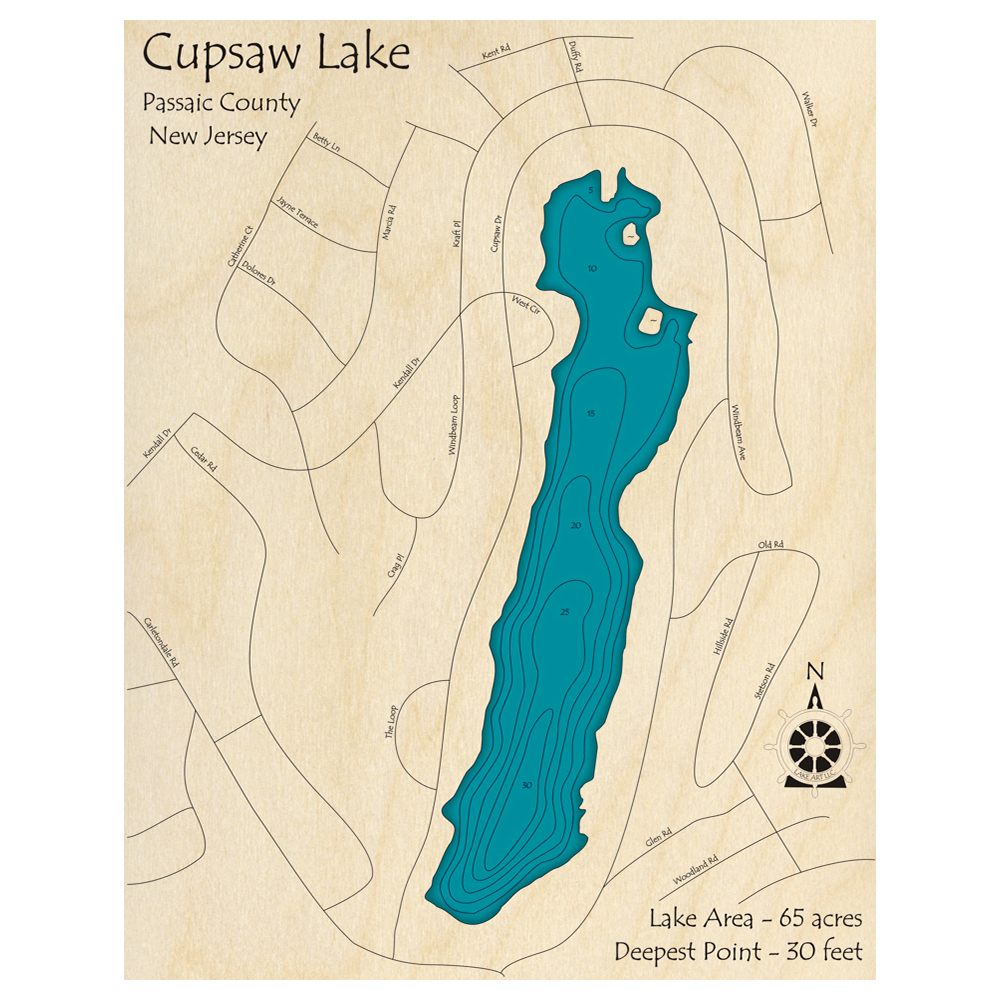 Bathymetric topo map of Cupsaw Lake, NJ with roads, towns and depths noted in blue water.