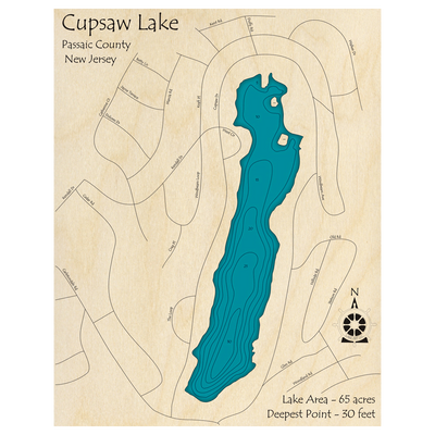 Bathymetric topo map of Cupsaw Lake, NJ with roads, towns and depths noted in blue water.