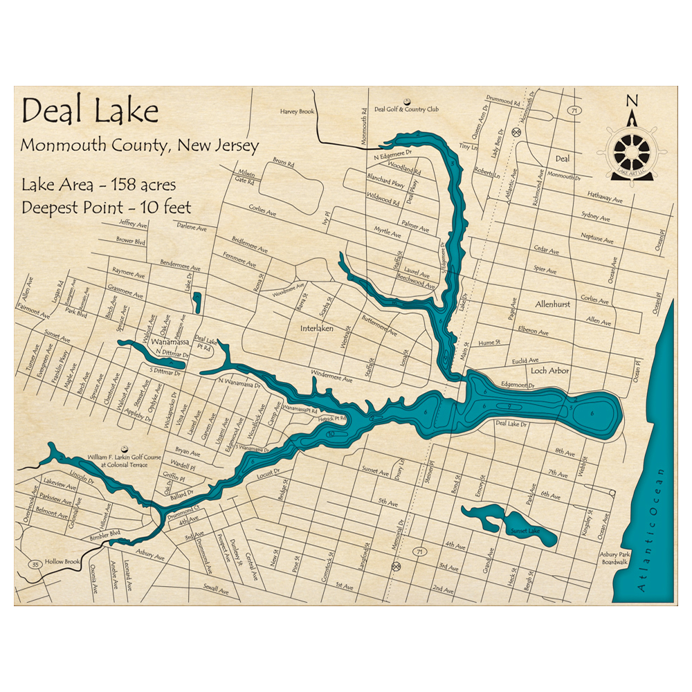 Bathymetric topo map of Deal Lake, NJ with roads, towns and depths noted in blue water.
