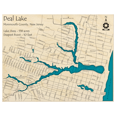Bathymetric topo map of Deal Lake, NJ with roads, towns and depths noted in blue water.