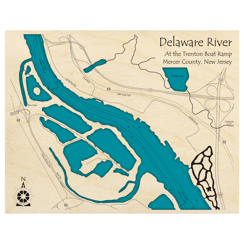 Bathymetric topo map of Delaware River at Trenton Boat Ramp, NJ with roads, towns and depths noted in blue water.