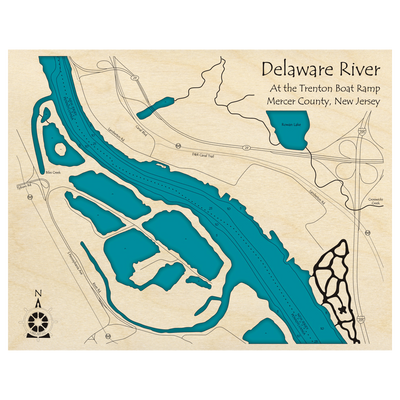 Bathymetric topo map of Delaware River at Trenton Boat Ramp, NJ with roads, towns and depths noted in blue water.