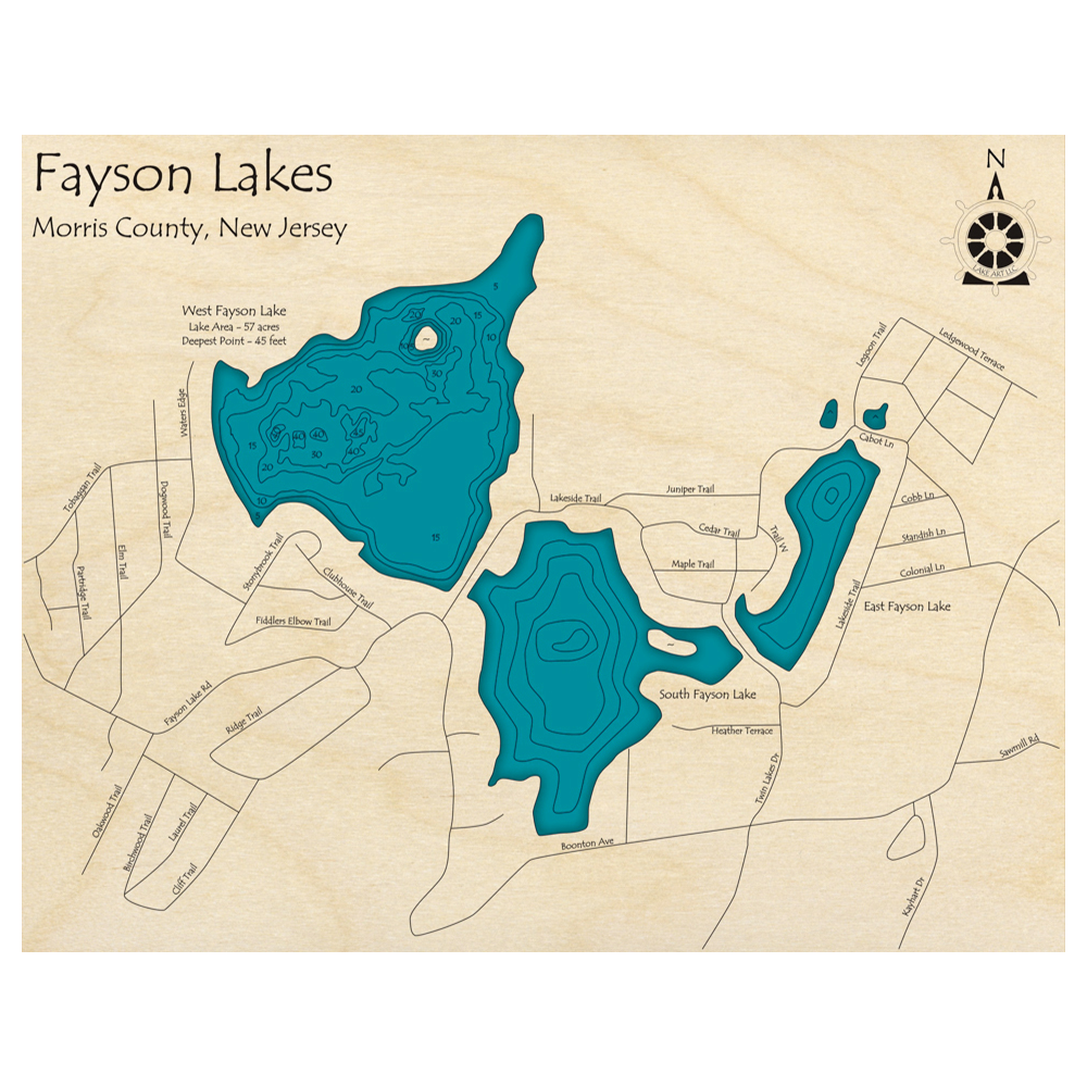 Bathymetric topo map of Fayson Lake, NJ with roads, towns and depths noted in blue water.