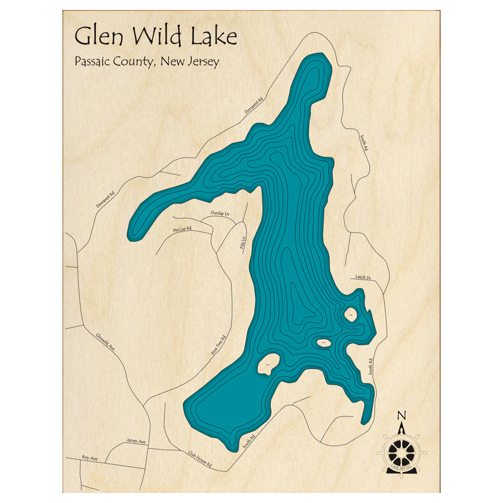 Bathymetric topo map of Glen Wild Lake, NJ with roads, towns and depths noted in blue water.