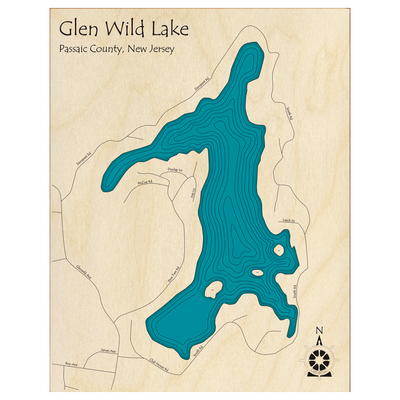 Bathymetric topo map of Glen Wild Lake, NJ with roads, towns and depths noted in blue water.
