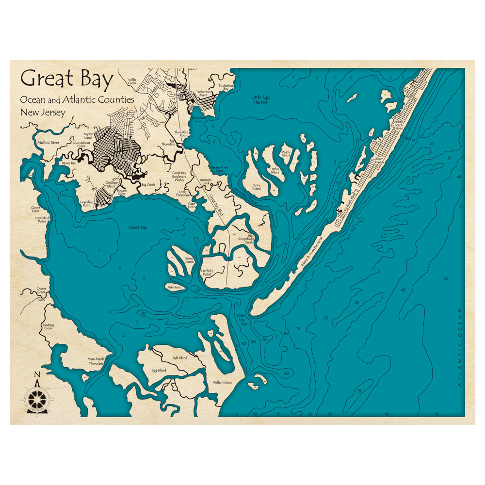 Great Bay, New Jersey 3D Custom Wood Map Lake Art LLC