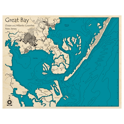 Bathymetric topo map of Great Bay, NJ with roads, towns and depths noted in blue water.