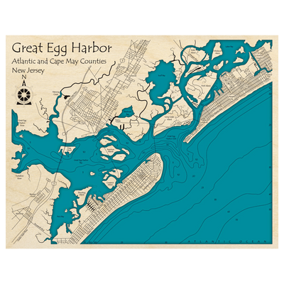 Bathymetric topo map of Great Egg Harbor, NJ with roads, towns and depths noted in blue water.