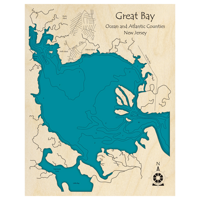 Bathymetric topo map of Great Bay, NJ with roads, towns and depths noted in blue water.
