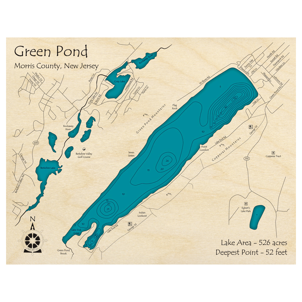 Bathymetric topo map of Green Pond, NJ with roads, towns and depths noted in blue water.