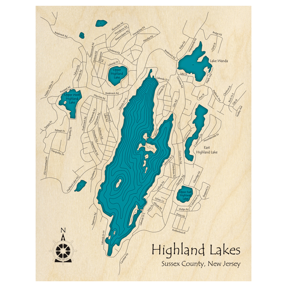 Bathymetric topo map of Highland Lake, NJ with roads, towns and depths noted in blue water.