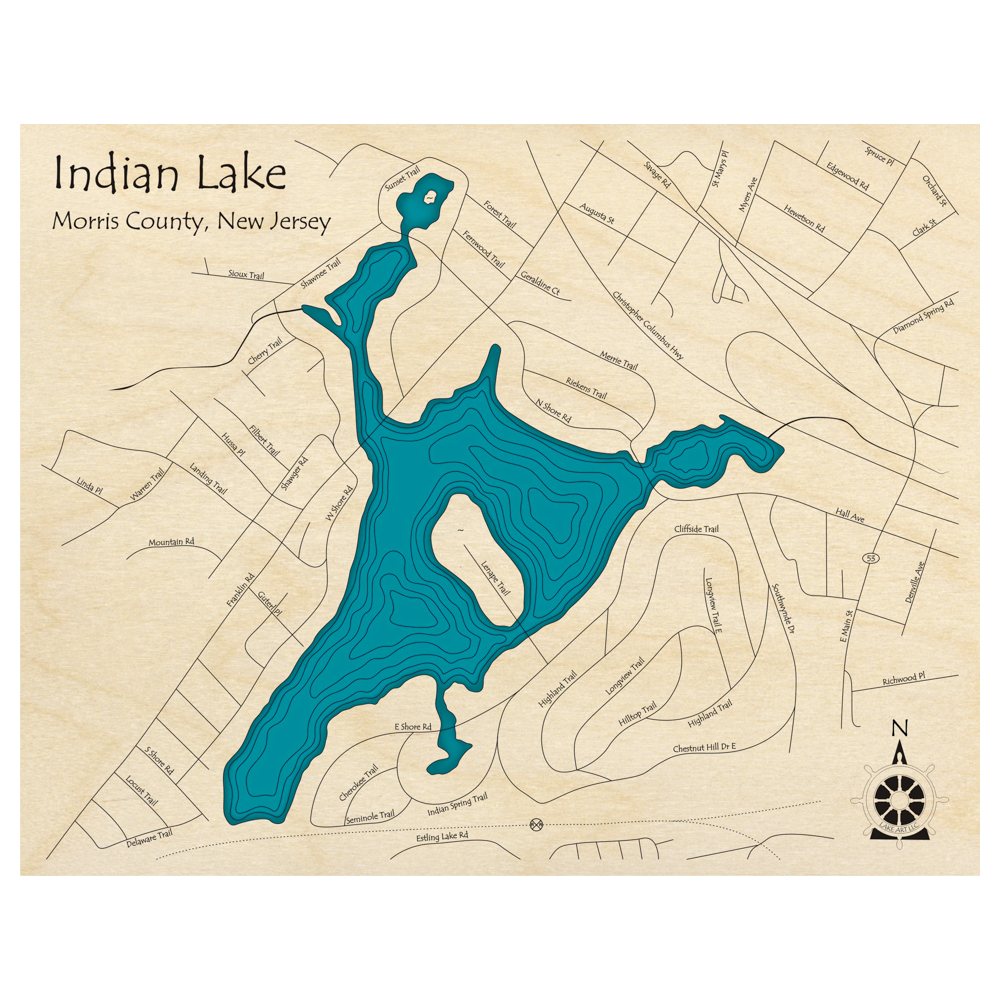 Bathymetric topo map of Indian Lake, NJ with roads, towns and depths noted in blue water.