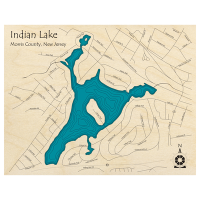 Bathymetric topo map of Indian Lake, NJ with roads, towns and depths noted in blue water.
