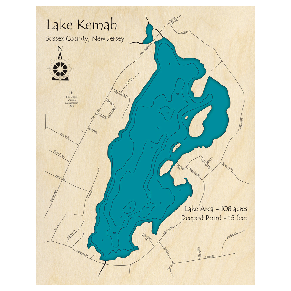 Bathymetric topo map of Lake Kemah, NJ with roads, towns and depths noted in blue water.