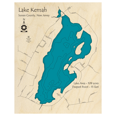 Bathymetric topo map of Lake Kemah, NJ with roads, towns and depths noted in blue water.