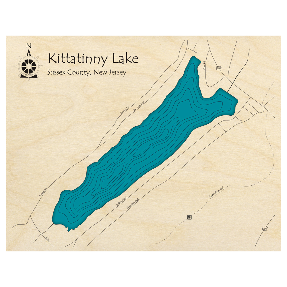 Bathymetric topo map of Kittatinny Lake, NJ with roads, towns and depths noted in blue water.