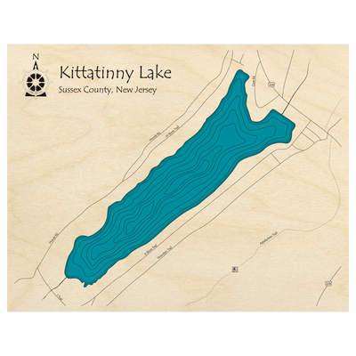 Bathymetric topo map of Kittatinny Lake, NJ with roads, towns and depths noted in blue water.