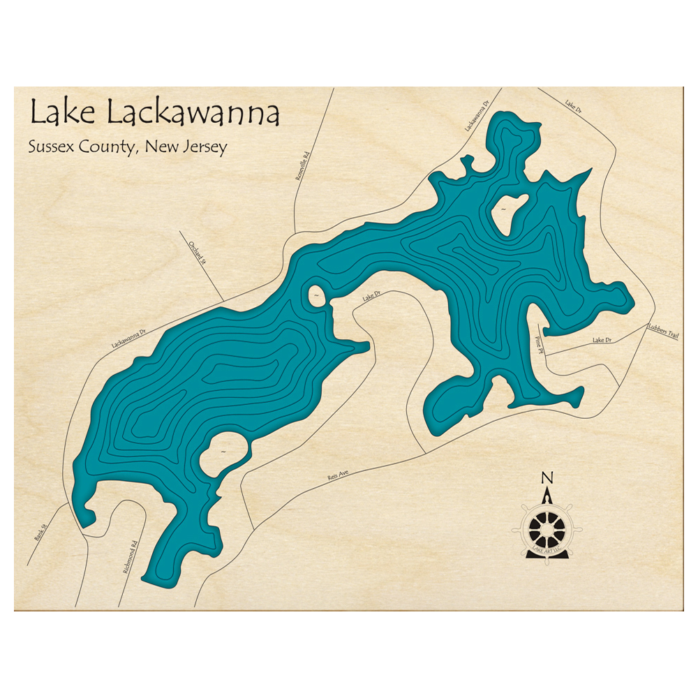 Bathymetric topo map of Lake Lackawanna, NJ with roads, towns and depths noted in blue water.