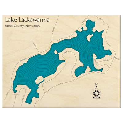 Bathymetric topo map of Lake Lackawanna, NJ with roads, towns and depths noted in blue water.